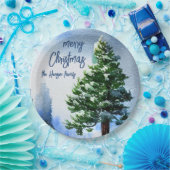 Pijnboom met sneeuwWaterverf die Kerstmis schilder Papieren Bordje (Feest)