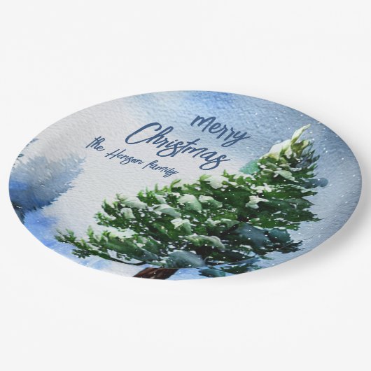 Pijnboom met sneeuwWaterverf die Kerstmis schilder Papieren Bordje (Gekanteld)