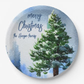 Pijnboom met sneeuwWaterverf die Kerstmis schilder Papieren Bordje (Voorkant)