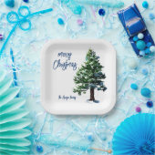 Pijnboom met sneeuwWaterverf die Kerstmis schilder Papieren Bordje (Feest)