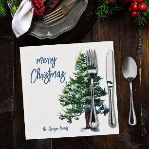 Pijnboom met sneeuwWaterverf die Kerstmis schilder Servet