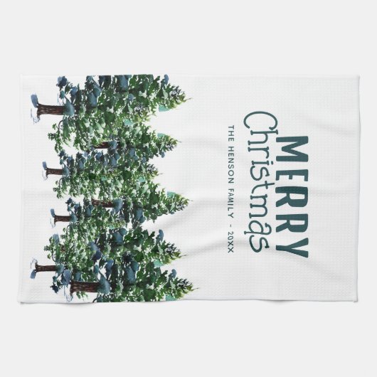 Pijnboom met sneeuwWaterverf die Kerstmis schilder Theedoek (Horizontaal)