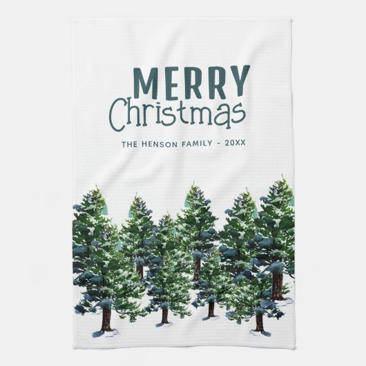 Pijnboom met sneeuwWaterverf die Kerstmis schilder Theedoek (Verticaal)