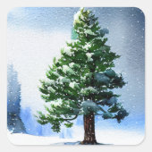 Pijnboom met sneeuwWaterverf die Kerstmis schilder Vierkante Sticker (Voorkant)