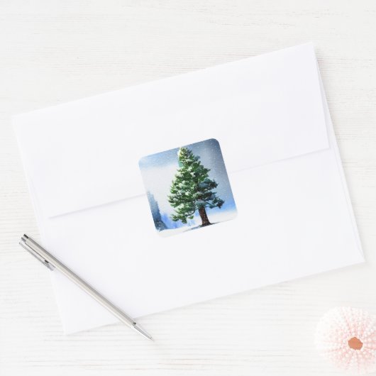 Pijnboom met sneeuwWaterverf die Kerstmis schilder Vierkante Sticker (Envelop)