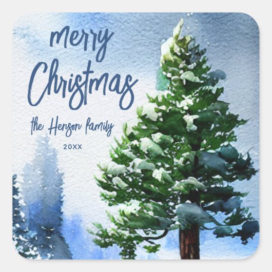 Pijnboom met sneeuwWaterverf die Kerstmis schilder Vierkante Sticker (Voorkant)