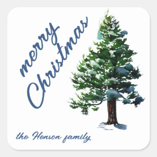 Pijnboom met sneeuwWaterverf die Kerstmis schilder Vierkante Sticker