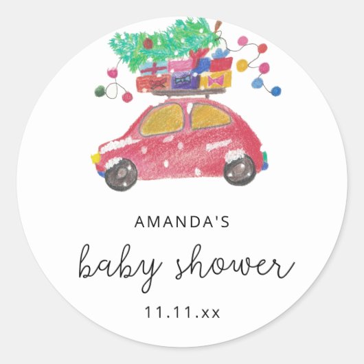 Pijnboom op rode auto Baby shower Ronde Sticker (Voorkant)