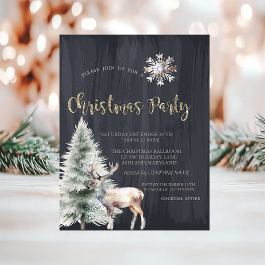 Pijnboom, rendier, sneeuwvlok zwart Kerstmis Kaart