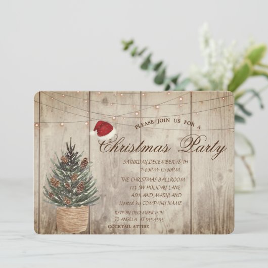 Pijnboom, String Lights, Wood textuur Kerstmis Kaart (Staand voorkant)