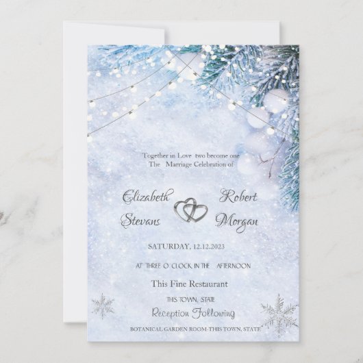 Pijnboom takken, Sneeuw String Lights Bruiloft Kaart (Voorkant)