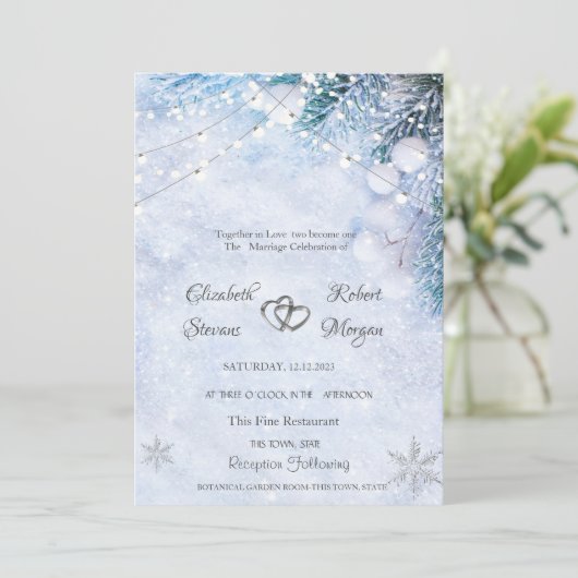Pijnboom takken, Sneeuw String Lights Bruiloft Kaart (Staand voorkant)