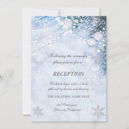 Pijnboom takken, Sneeuw String Lights Bruiloft Kaart (Voorkant)