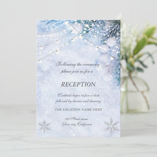 Pijnboom takken, Sneeuw String Lights Bruiloft Kaart (Staand voorkant)