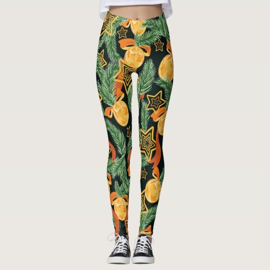 Pijnboombladeren, sterren: feestelijk patroon leggings (Voorkant)