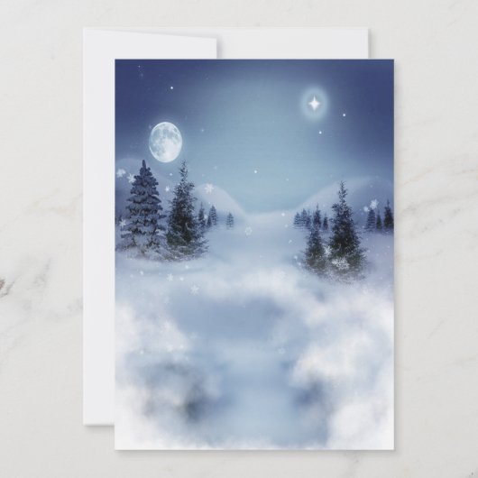 Pijnboombos, landschap, kerstfeest met licht kaart (Achterkant)