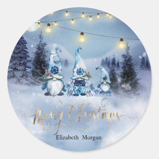 Pijnboombos, landschap, String Lights Gnomen Ronde Sticker (Voorkant)