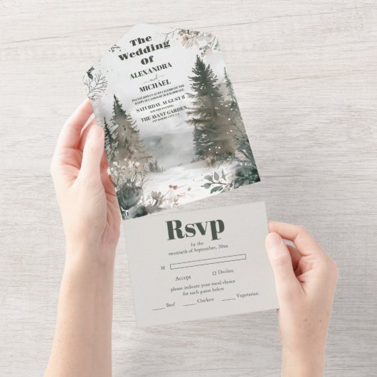 Pijnboombos Rustische Waterverf Therew Wedding All In One Uitnodiging (Afscheurbaar)