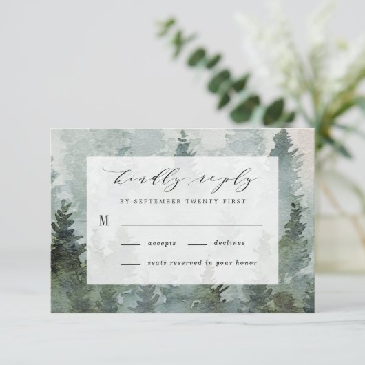 Pijnboombos Rustische Waterverf Therew Wedding RSVP Kaartje (Staand voorkant)