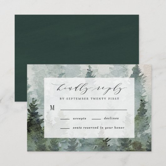 Pijnboombos Rustische Waterverf Therew Wedding RSVP Kaartje (Voorkant / Achterkant)