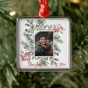 Pijnboomgroen Holly Foto Vrolijk Kerstfeest Metalen Ornament