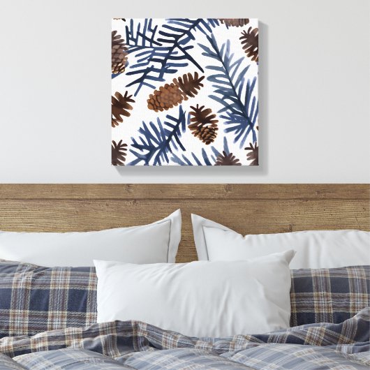 Pijnboomkegels en -vertakkingen | Waterverf Winter Canvas Afdruk (Insitu (Slaapkamer))