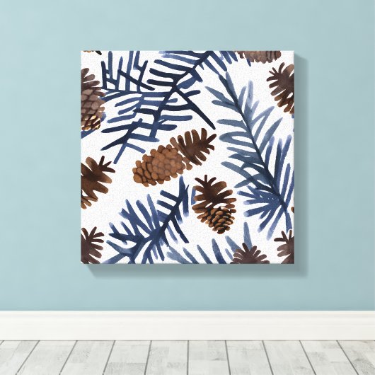 Pijnboomkegels en -vertakkingen | Waterverf Winter Canvas Afdruk (Insitu (Houten vloer))