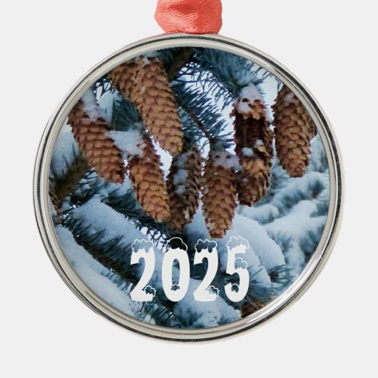 Pijnboomkegels op een pijnboom bedekt met sneeuw metalen ornament (Voorkant)