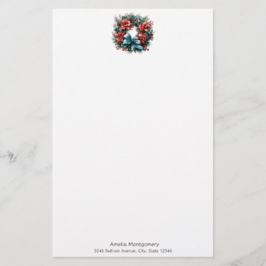 Pijnboomkrans met rode bloemen en Holly Briefpapier (Voorkant)
