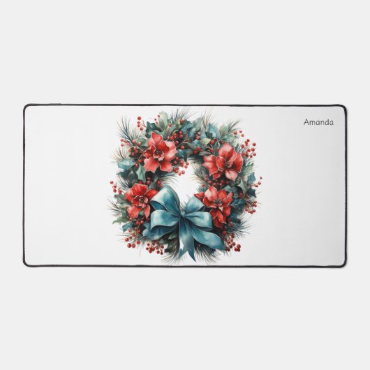 Pijnboomkrans met rode bloemen en Holly Bureaumat (Voorkant)