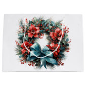 Pijnboomkrans met rode bloemen en Holly Groot Cadeauzakje (Voorkant)