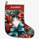 Pijnboomkrans met rode bloemen en Holly Grote Kerstsok (Voorkant)