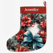 Pijnboomkrans met rode bloemen en Holly Grote Kerstsok (Achterkant)