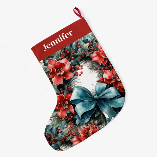 Pijnboomkrans met rode bloemen en Holly Grote Kerstsok (Achterkant (Hangend))