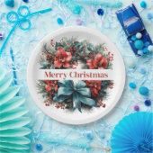 Pijnboomkrans met rode bloemen en Holly Papieren Bordje (Feest)