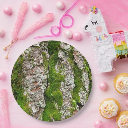 Pijnboomschors met moss papieren bordje (Feest)