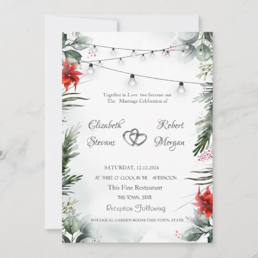 Pijnboomtakken, poinsettia bruiloft kaart (Voorkant)
