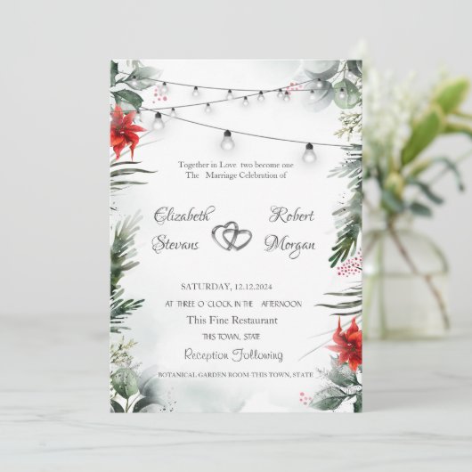 Pijnboomtakken, poinsettia bruiloft kaart (Staand voorkant)