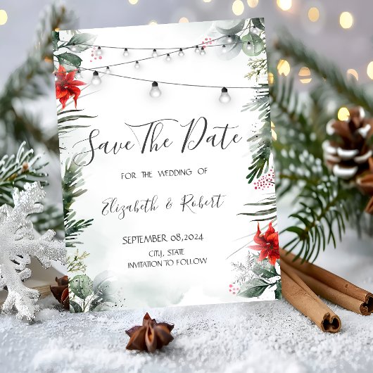 Pijnboomtakken, poinsettia De datum opslaan Save The Date