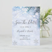 Pijnboomtakken, sneeuwstrijklichtenDe datum opslaa Save The Date (Staand voorkant)