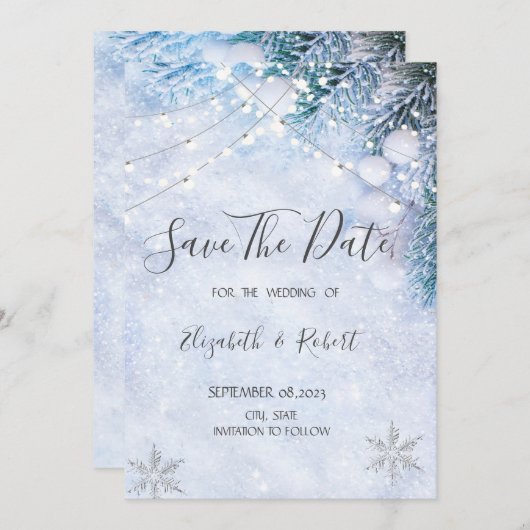 Pijnboomtakken, sneeuwstrijklichtenDe datum opslaa Save The Date (Voorkant / Achterkant)