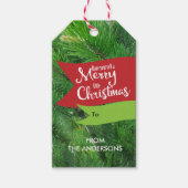 Pijnboomtakken, vrolijke kleine kerstfoto cadeaulabel (Voorkant)