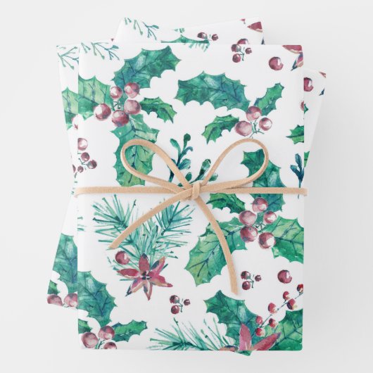Pijnboomtwijgen en Holly Berries Inpakpapier Vel (In situ)