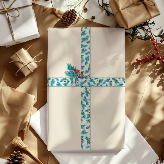 Pijnboomtwijgen en rode bessen Kerstmis Patroon Wi Satijnen Lint