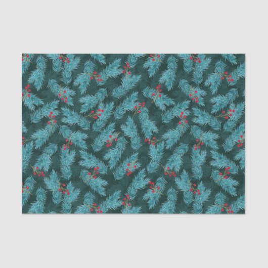 Pijnboomtwijgen en rode bessen Kerstpatroon Tissuepapier (Voorkant)