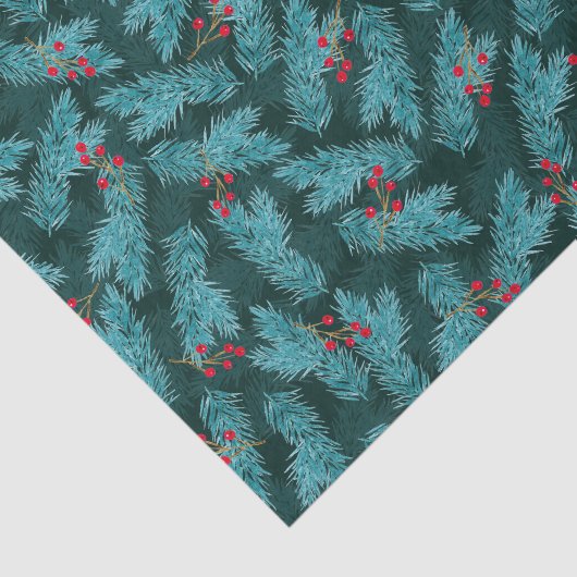 Pijnboomtwijgen en rode bessen Kerstpatroon Tissuepapier (Detail)