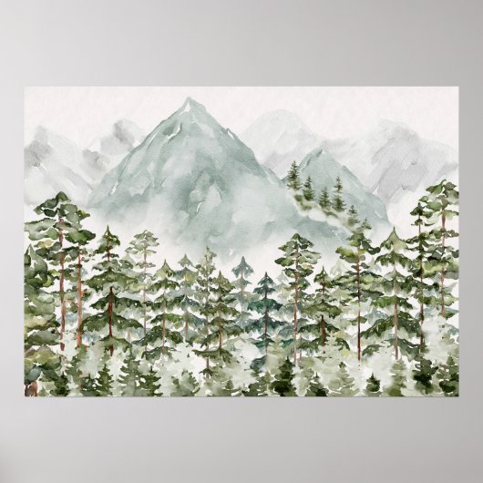 Pijnbos en bergen Waterverf Poster (Voorkant)