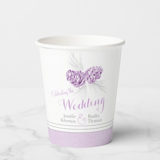 Pijnkegel die paarse winterbruiloft gebruikt papieren bekers (Achterkant)