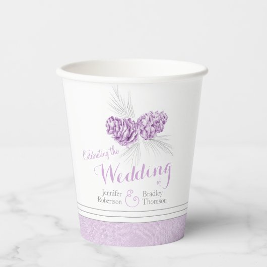 Pijnkegel die paarse winterbruiloft gebruikt papieren bekers (Voorkant)