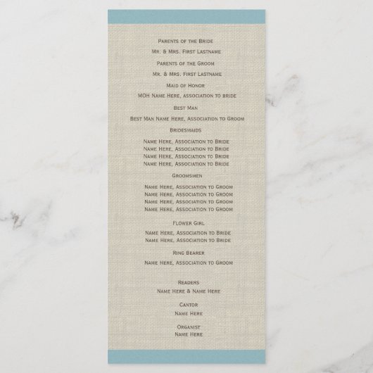 Pijnkegels en Burlap Blue bruiloft programma Programmakaart (Achterkant)